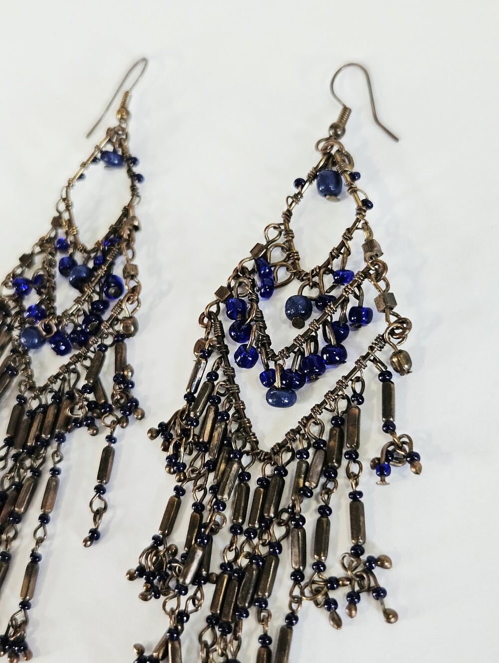 Vintage Free People Y2K Beaded Boho Bronze Dangle Fringe Chandelier Earrings - Picture 3 of 8